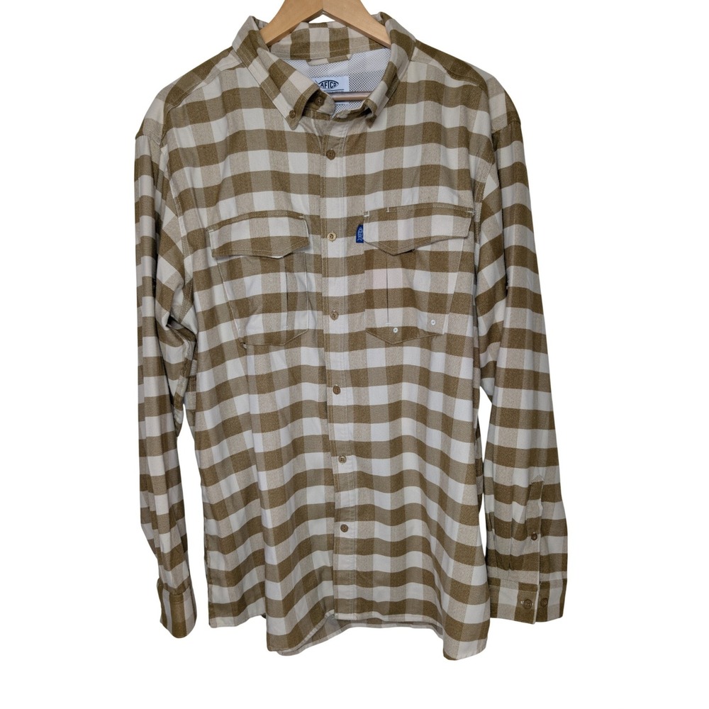 AFTCO Mens‎ XL Tan White Buffalo Check Plaid Fishing Shirt Mesh Vent Gorpcore